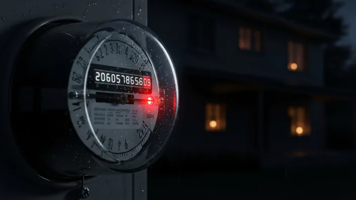 Contador eléctrico digital iluminado en el exterior de una vivienda de noche.