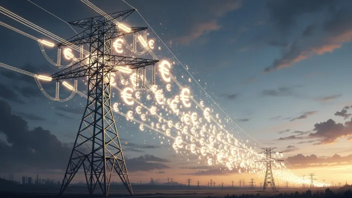 Torres eléctricas de alta tensión con símbolos de euro iluminados en los cables.