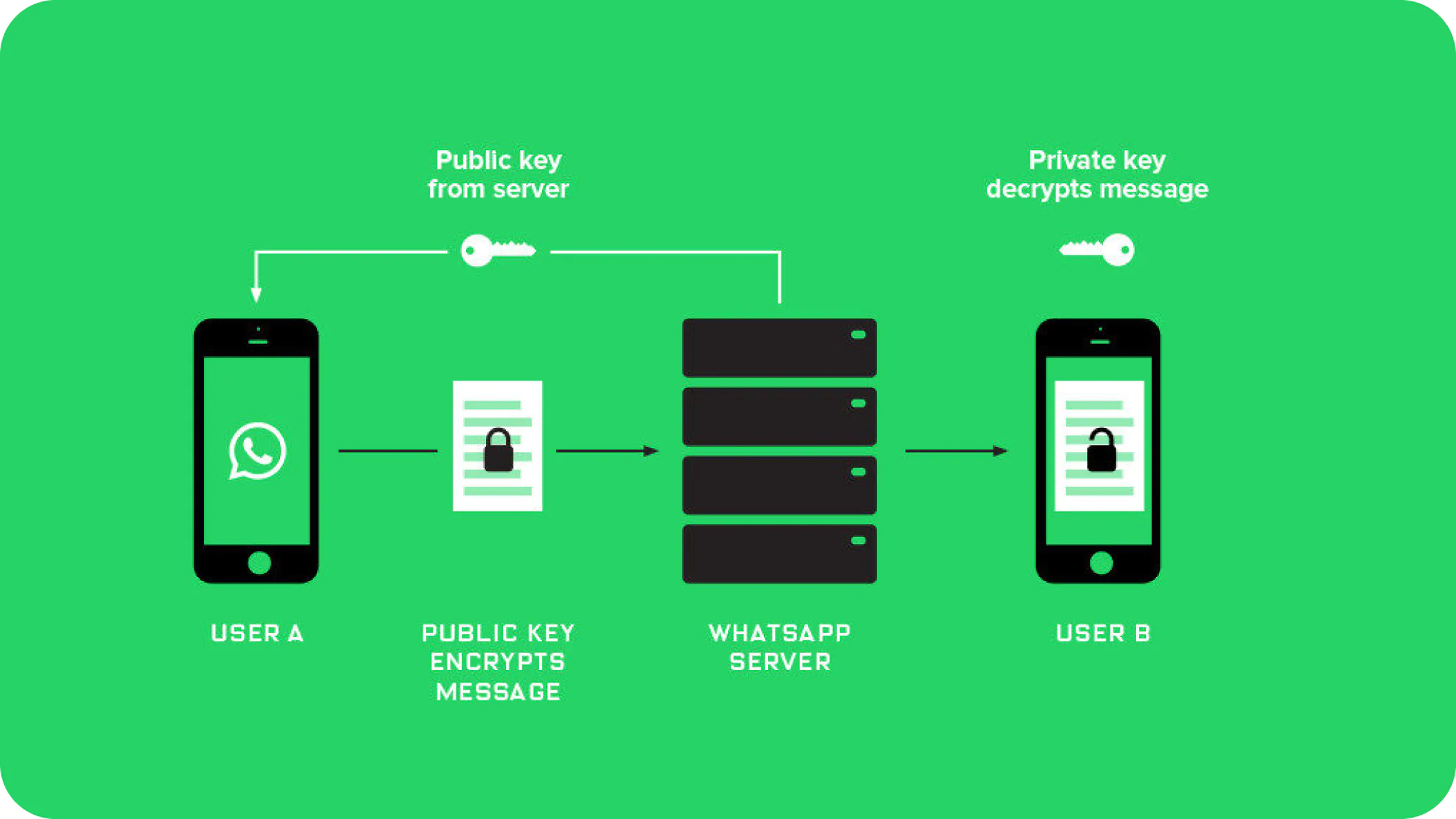 Infografia del encriptado end to end de la mensajeria de la app WhatsApp