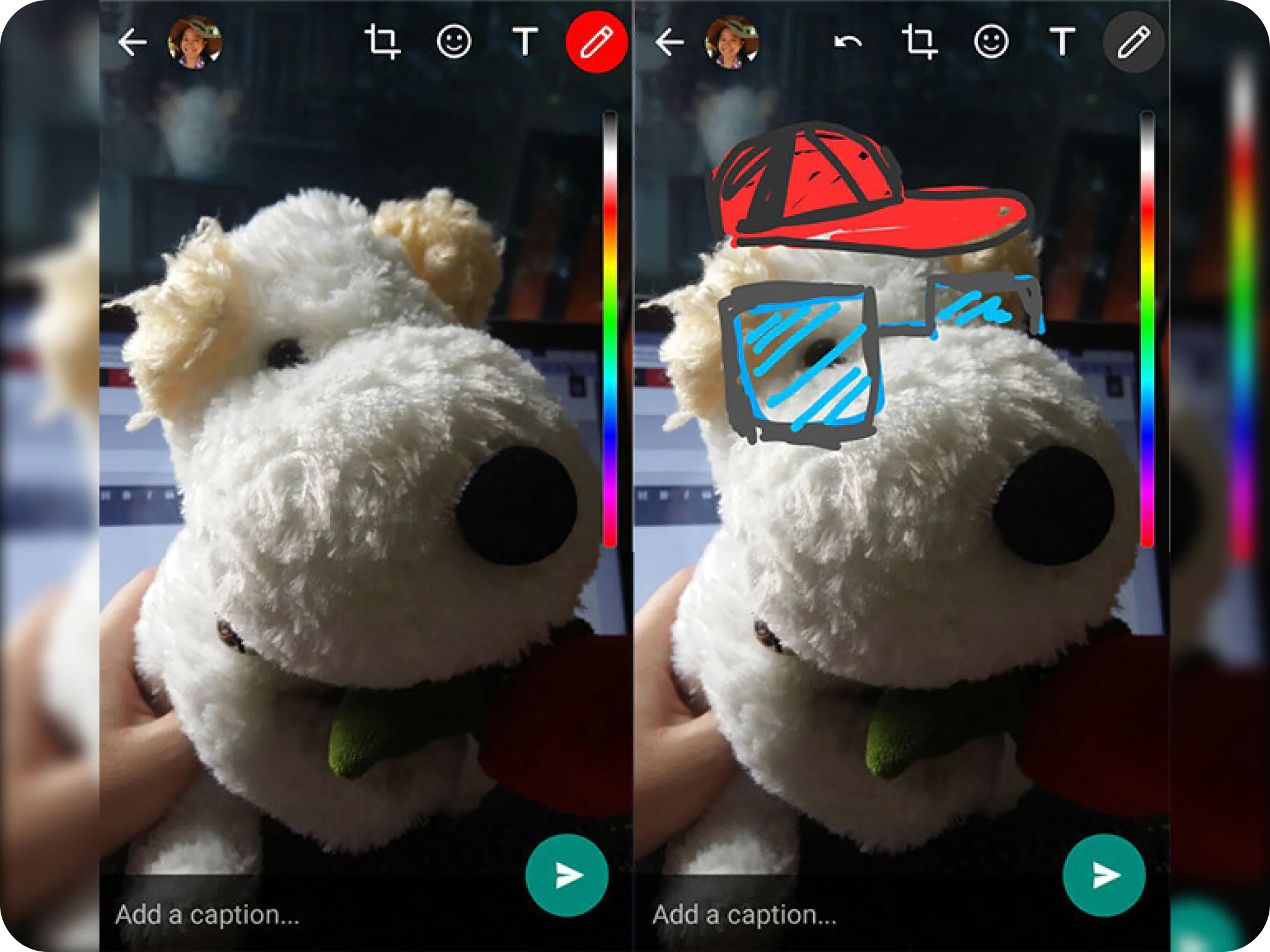 Capturas de la app de WhatsApp mientras se enseña como editar una imagen